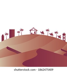 holy family mangers characters in stable with kings wise desert silhouettes vector illustration design