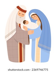 Holy Family. Merry Christmas card. Virgin Mary, saint old man Joseph and baby Jesus Christ. Birth of Savior. Vector illustration in cartoon flat style for Xmas holiday design, decor, postcards