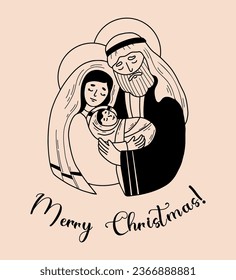 Holy Family. Merry Christmas. Virgin Mary and Joseph and baby Jesus. Birth of Savior Christ. Vector illustration in hand drawn doodle style for holiday design, decor, postcards