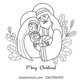 Holy Family. Merry Christmas. Virgin Mary, saint Joseph and baby Jesus. Birth of Savior Christ. Vector illustration. outline hand drawing for Xmas holiday design, decor, postcards