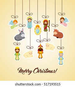holy family and nativity characters hanging over yellow background. merry christmas colorful design. vector illustration