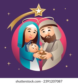 Holy family, Nativity Scene with Jose, Mary and baby Jesus. Vector illustration.