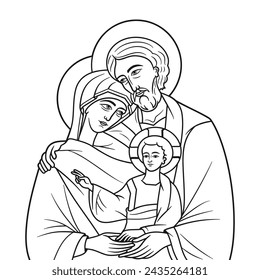 Holy Family of Nazareth Greek Byzantine Icon style Vector Illustration Outline Monochrome