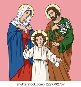 Holy Family of Nazareth, Jesus, Mary and Joseph Colored Vector Illustration