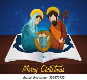 Holy Family in pop-up book under the night sky for Christmas season.