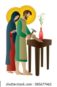 Holy family of pregnant virgin Mary and St Joseph the worker. Artistic abstract religious vector design.