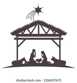 holy family in stable with animals silhouettes