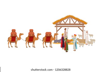 holy family in stable with wise kings manger