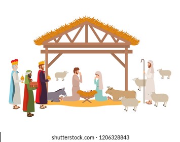 holy family in stable with wise kings manger