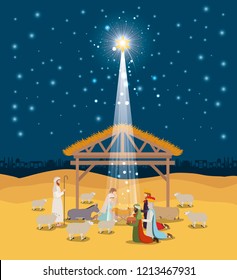 holy family in stable with wise kings manger