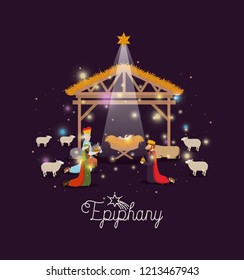 holy family in stable with wise kings manger