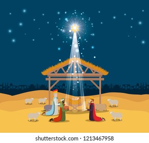 holy family in stable with wise kings manger