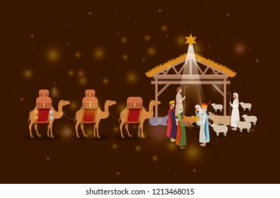 holy family in stable with wise kings manger