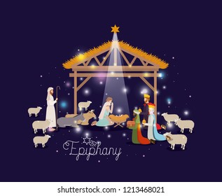 holy family in stable with wise kings manger