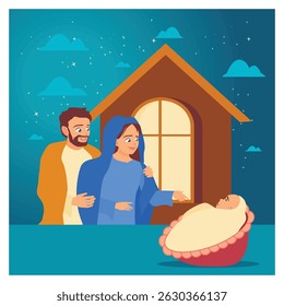 A holy family with their newborn in a serene nativity scene under a starry night. Stories and Narratives Concept.