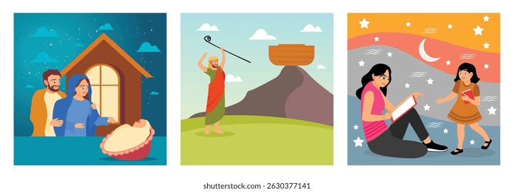 A holy family with their newborn in a serene nativity. Noah holding a staff, near an ark positioned atop a mountain. A woman and a young girl reading in a starry night. Stories and Narratives Concept.