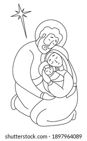 Holy Family Virgin Mary and Joseph. The birth of the baby Savior Jesus Christ. Holy night and the star of Bethlehem. Vector. Line, outline. Merry Christmas. Religious, family holiday concept