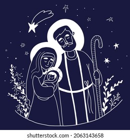 Holy Family Virgin Mary, old man Joseph and baby Jesus. Nativity of Jesus Christ. Vector illustration. white Linear chalk drawing on blue background, outline. Merry Christmas greeting decorative card.
