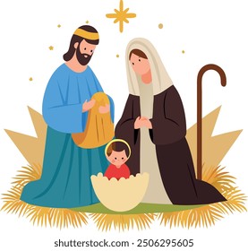 Holy family watching over baby jesus in manger under star of bethlehem-