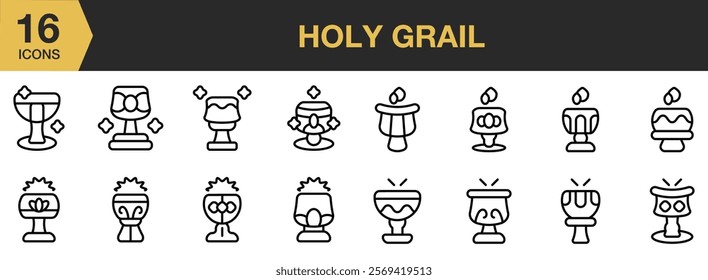 Holy Grail icon set. Includes Holy, Grail, Religion, Praying, Church, Bell, Bible, and More. Outline icons vector collection.