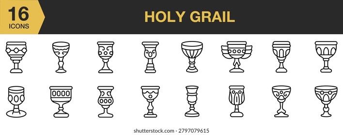 Holy Grail icon set. Includes sacred chalice, ceremonial cup, religious artifact, spiritual symbol and More. Outline icons vector collection.