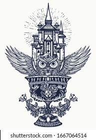 Holy grail, magic owl and ancient castle. Tattoo and t-shirt design. Medieval history concept. Symbol of Dark Ages Europe, alchemy legends. Gothic fairy tale art 