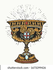 Holy grail. Medieval sacred chalice of Christianity. Symbol of Dark Ages Europe, alchemy legends, mystical secret of crusaders and Templars. Gothic fairy tale art. Tattoo and t-shirt design 