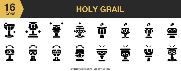 Holy Grail solid icon set. Includes Holy, Grail, Religion, Praying, Church, Bell, Bible, and More. Solid icons vector collection.