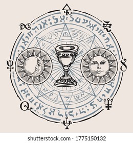 Holy Grail with the Sun, Moon, alchemical and Masonic symbols in retro style. Vector hand-drawn banner on the theme of mysticism, magic, religion with esoteric and magical signs written in a circle