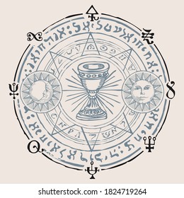 Holy Grail with the Sun, Moon, alchemical and Masonic symbols. Vector hand-drawn banner in retro style on the theme of mysticism, magic, religion with cryptic esoteric signs written in a circle