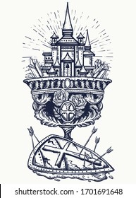 Holy grail, warrior crusader shield and arrows, ancient castle. Symbol of Dark Ages Europe, alchemy legends. Gothic fairy tale art. Crusade concept. Tattoo and t-shirt design. Medieval history concept