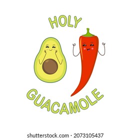 Holy guacamole. Surprised cartoon character. Cute avocado and chili pepper. Mexican food.