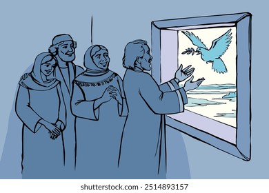 Holy happy male human son wife stand wait look ocean sea dry rock hill white sky rain cloud wood arc view. Hand drawn art sketch retro cartoon peace pet beak love sign icon save world life gospel hope
