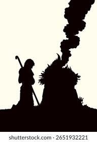 Santo hebreu história judeu masculino padre Abel joelho lei cabra vaca branco céu nuvem vista cena. Mão desenhada linha preta carton arte retro Elijah fé divin Pagan mesmo tribal sin culto templo festim símbolo ícone