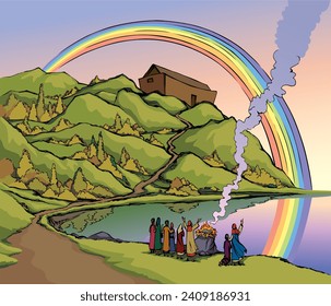 Holy human familie male son wife stand look stone ocean sea dry rock hill field land slope white sky rain cloud smoke arc view scene. Hand drawn line art sketch retro cartoon sign save life fire hope