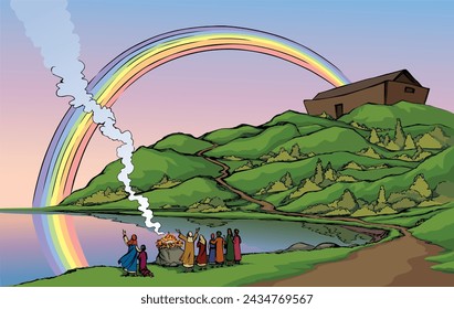 Holy human familie male son wife stand look stone ocean sea dry rock hill field land slope white sky rain cloud smoke arc view scene. Hand drawn line art sketch retro cartoon sign save life fire hope