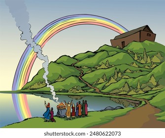 Holy human familie male son wife stand look stone ocean sea dry rock hill field land slope white sky rain cloud smoke arc view scene. Hand drawn line art sketch retro cartoon sign save life fire hope