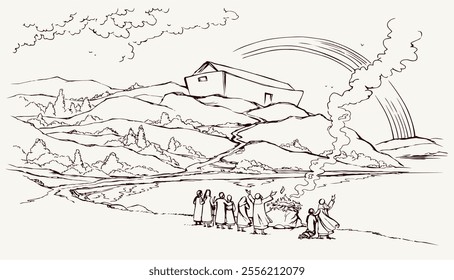 Holy human familie male son wife stand look stone ocean sea dry rock hill field land slope white sky rain cloud smoke arc view scene. Hand drawn line art sketch retro cartoon sign save life fire hope