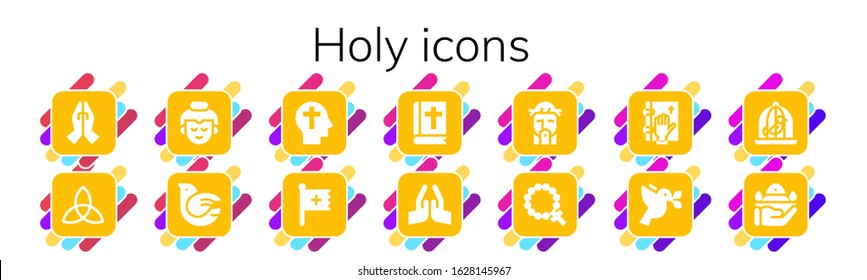holy icon set. 14 filled holy icons. Included Prayer, Triquetra, Buddha, Dove, Faith, Christian, Bible, Pray, Jesus, Rosary, Oath icons
