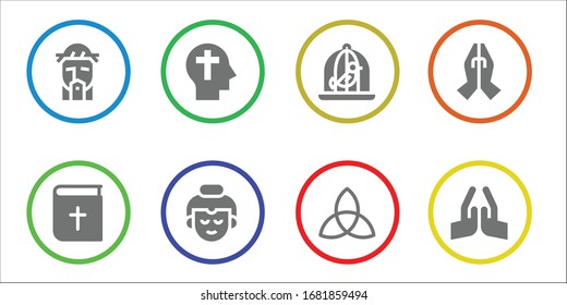 conjunto de iconos sagrados. 8 íconos sagrados llenos. Incluidos Jesús, Biblia, Fe, Buda, Paloma, Triquetra, Oración, Iconos de Oro