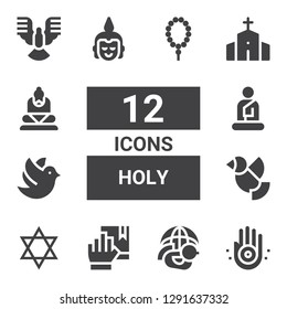 holy icon set. Collection of 12 filled holy icons included Jainism, Dove, Oath, Judaism, Buddha, Chapel, Prayer