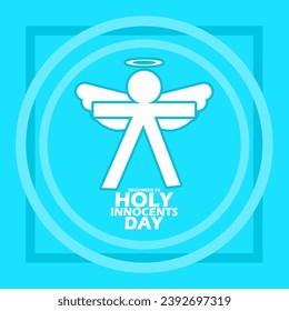 Holy Innocents Day event banner. A paper figurine with wings and a holy ring, with bold text in frame on light blue background to commemorate December 28