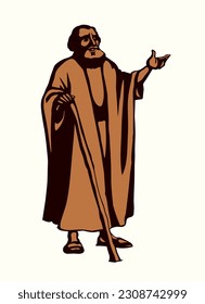 Holy jew god believe wise male rabbi priest stand speak rise arm offer story. Hand drawn black line art sketch retro age middle Asia Saudi Arabia ethnic robe dress cloth cane view white sky text space