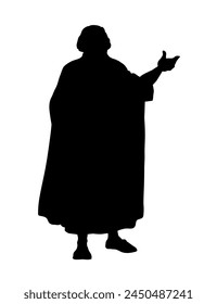 Holy jew god believe wise male rabbi priest stand speak rise arm offer story. Hand drawn black line art sketch retro age middle Asia Saudi Arabia ethnic robe dress cloth cane view white sky text space