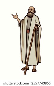 Holy jew god believe wise male rabbi priest stand speak rise arm offer story. Hand drawn black line art sketch retro age middle Asia Saudi Arabia ethnic robe dress cloth cane view white sky text space