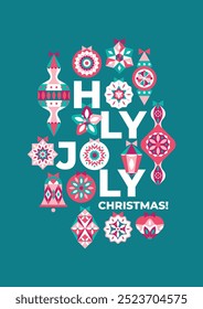 Holy Joly Weihnachtskarte mit abstrakten geometrischen Dekorationen in verschiedenen Formen und Designs in einer Komposition mit Text angeordnet. Hintergrund, Poster, Flyer, Einladung, Grußkarte