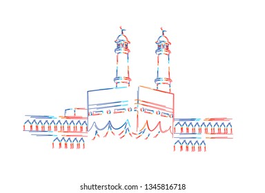 Holy Kaaba in Mecca Saudi Arabia, 3d Color line art ( RGB ) vector illustration.