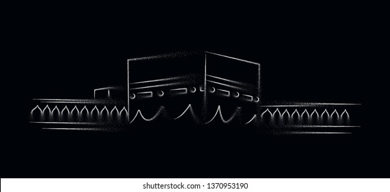 Holy Kaaba in Mecca Saudi Arabia, Line art vector illustration.