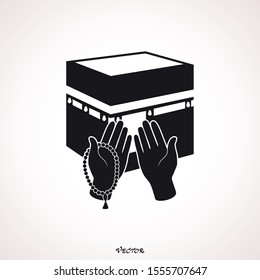 Holy Kaaba in Mecca Saudi Arabia, Hand Drawn Sketch Vector illustration.Praying human hands holding Rosary Tasbih in front of Mosque for Muslim community Festival of Sacrifice, Eid-Al-Adha celebration