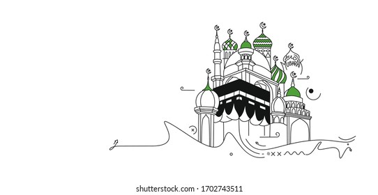 Holy Kaaba in Mecca Saudi Arabia, Flat Line Art Vector illustration.